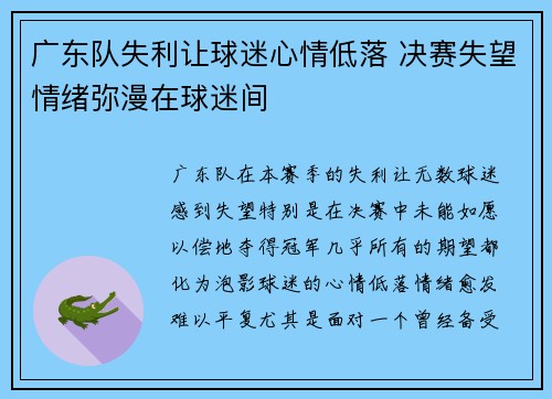 广东队失利让球迷心情低落 决赛失望情绪弥漫在球迷间