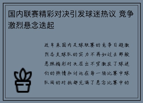 国内联赛精彩对决引发球迷热议 竞争激烈悬念迭起