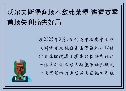 沃尔夫斯堡客场不敌弗莱堡 遭遇赛季首场失利痛失好局