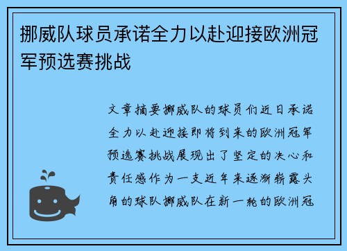 挪威队球员承诺全力以赴迎接欧洲冠军预选赛挑战